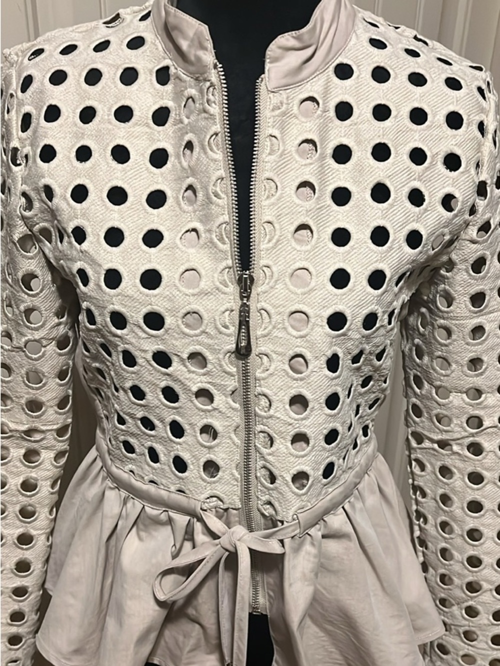 Gracia Cream Punched Hole Peplum Zip Jacket